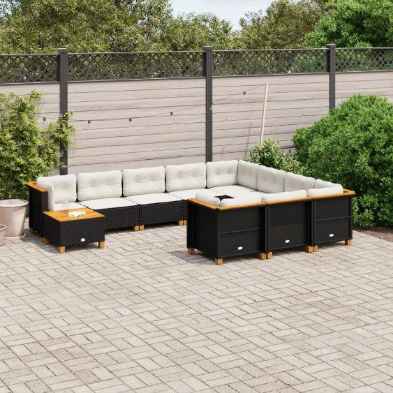vidaXL 11-tlg. Garten-Sofagarnitur mit Kissen Schwarz Poly Rattan