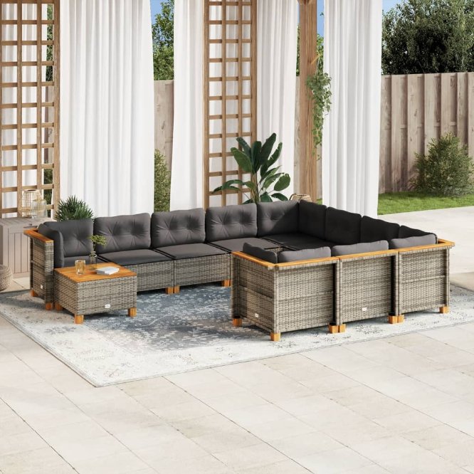 vidaXL 11-tlg. Garten-Sofagarnitur mit Kissen Schwarz Poly Rattan