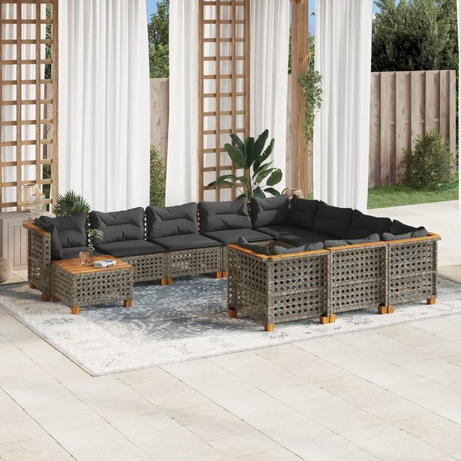 vidaXL 11-tlg. Garten-Sofagarnitur mit Kissen Schwarz Poly Rattan