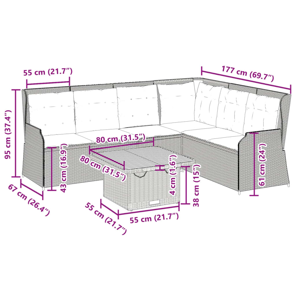 5-tlg. Garten-Lounge-Set mit Kissen Beige Poly Rattan