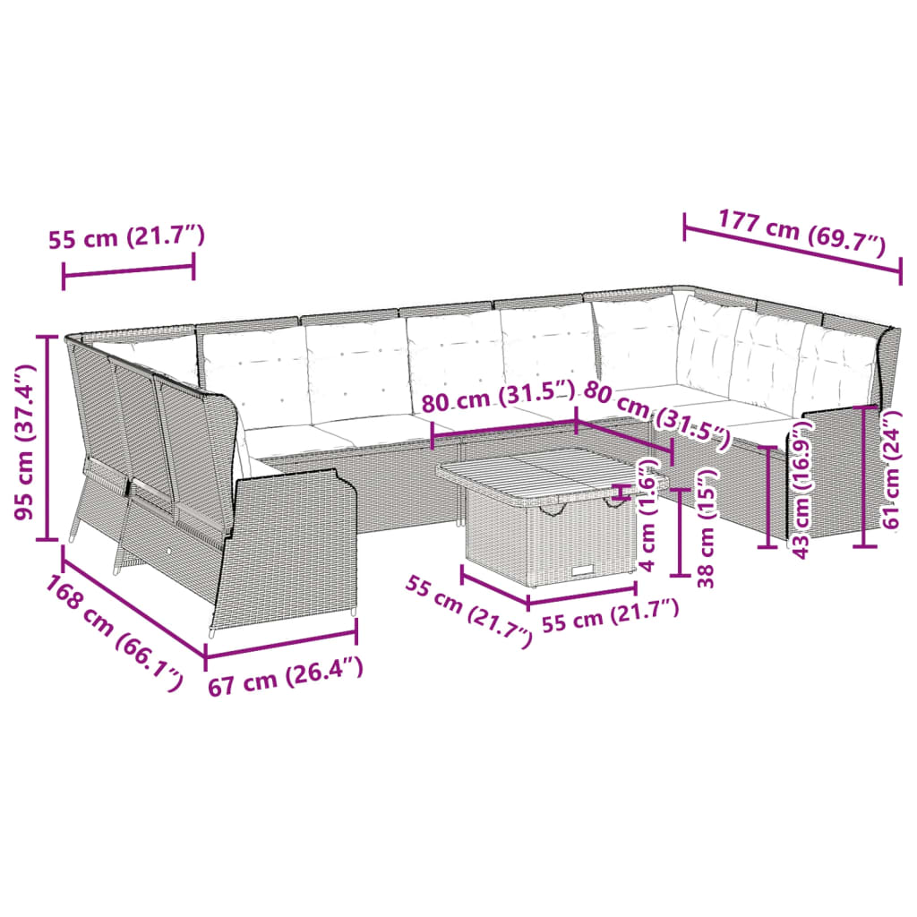 7-tlg. Garten-Lounge-Set mit Kissen Schwarz Poly Rattan