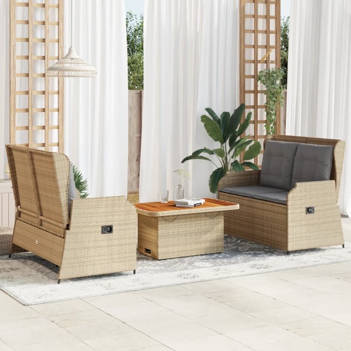 3-tlg. Garten-Lounge-Set mit Kissen Schwarz Poly Rattan