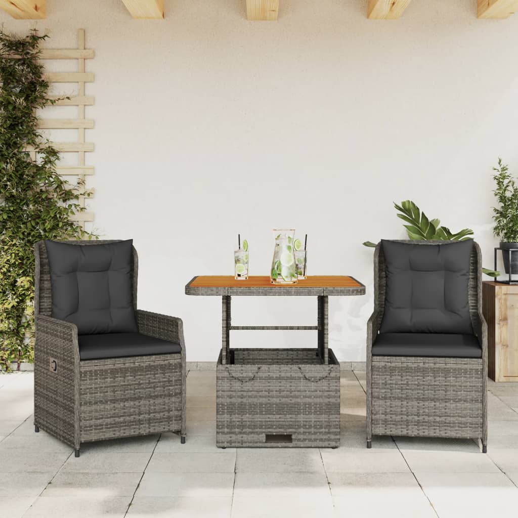 3-tlg. Bistro-Set mit Kissen Schwarz Poly Rattan
