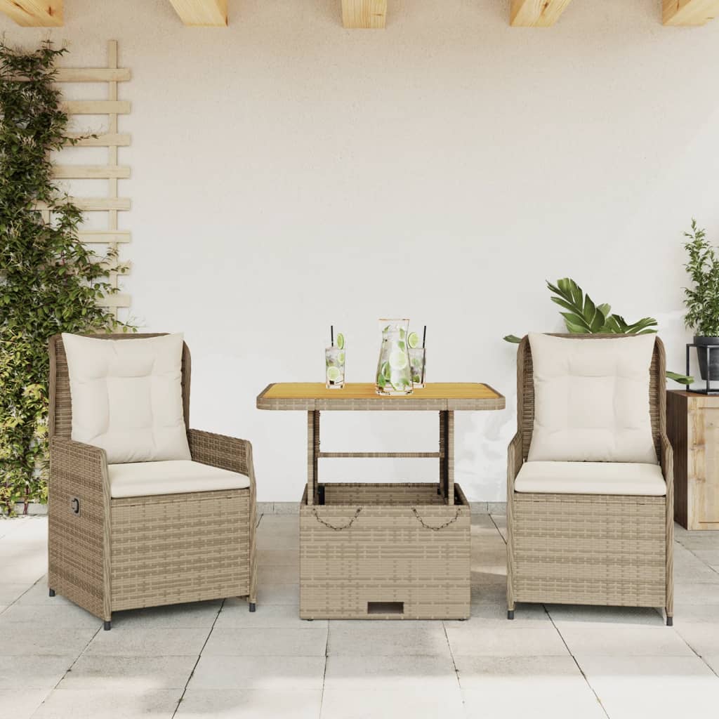 3-tlg. Bistro-Set mit Kissen Schwarz Poly Rattan