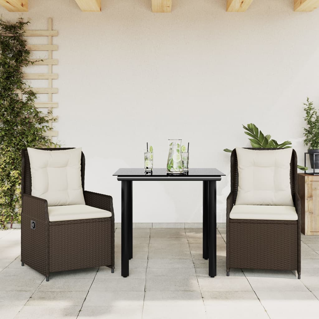 3-tlg. Garten-Essgruppe mit Kissen Schwarz Poly Rattan