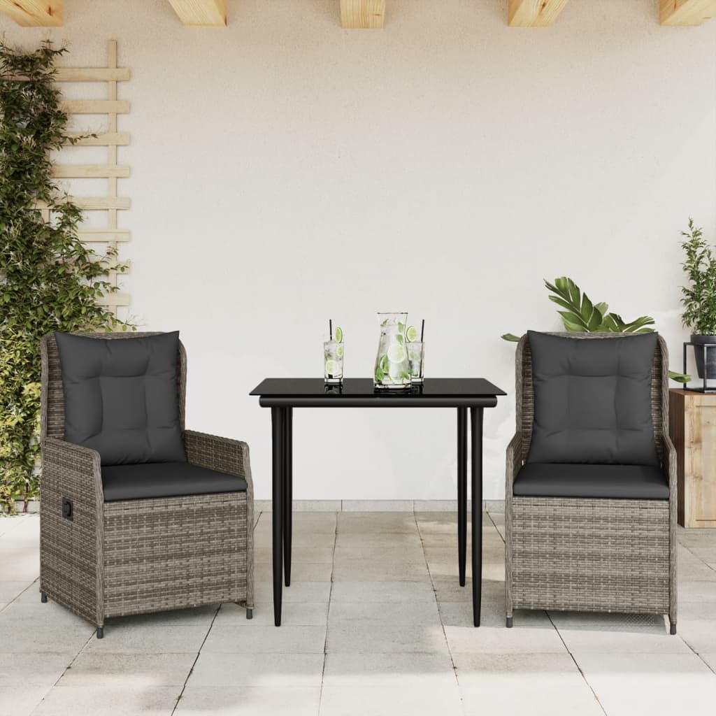 3-tlg. Garten-Essgruppe mit Kissen Schwarz Poly Rattan