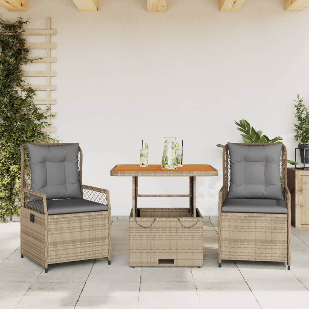 3-tlg. Garten-Essgruppe mit Kissen Schwarz Poly Rattan