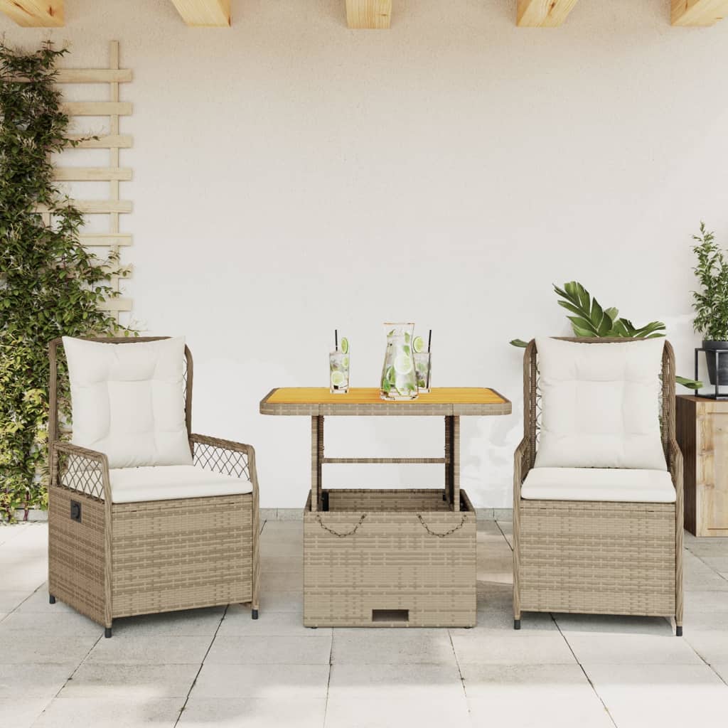 3-tlg. Garten-Essgruppe mit Kissen Schwarz Poly Rattan