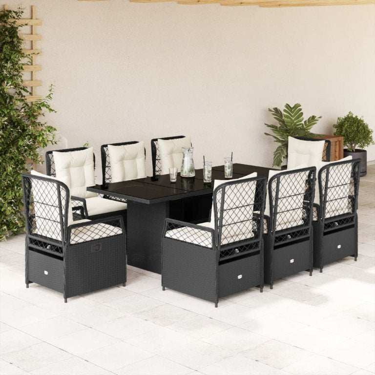 7-tlg. Garten-Essgruppe mit Kissen Schwarz Poly Rattan