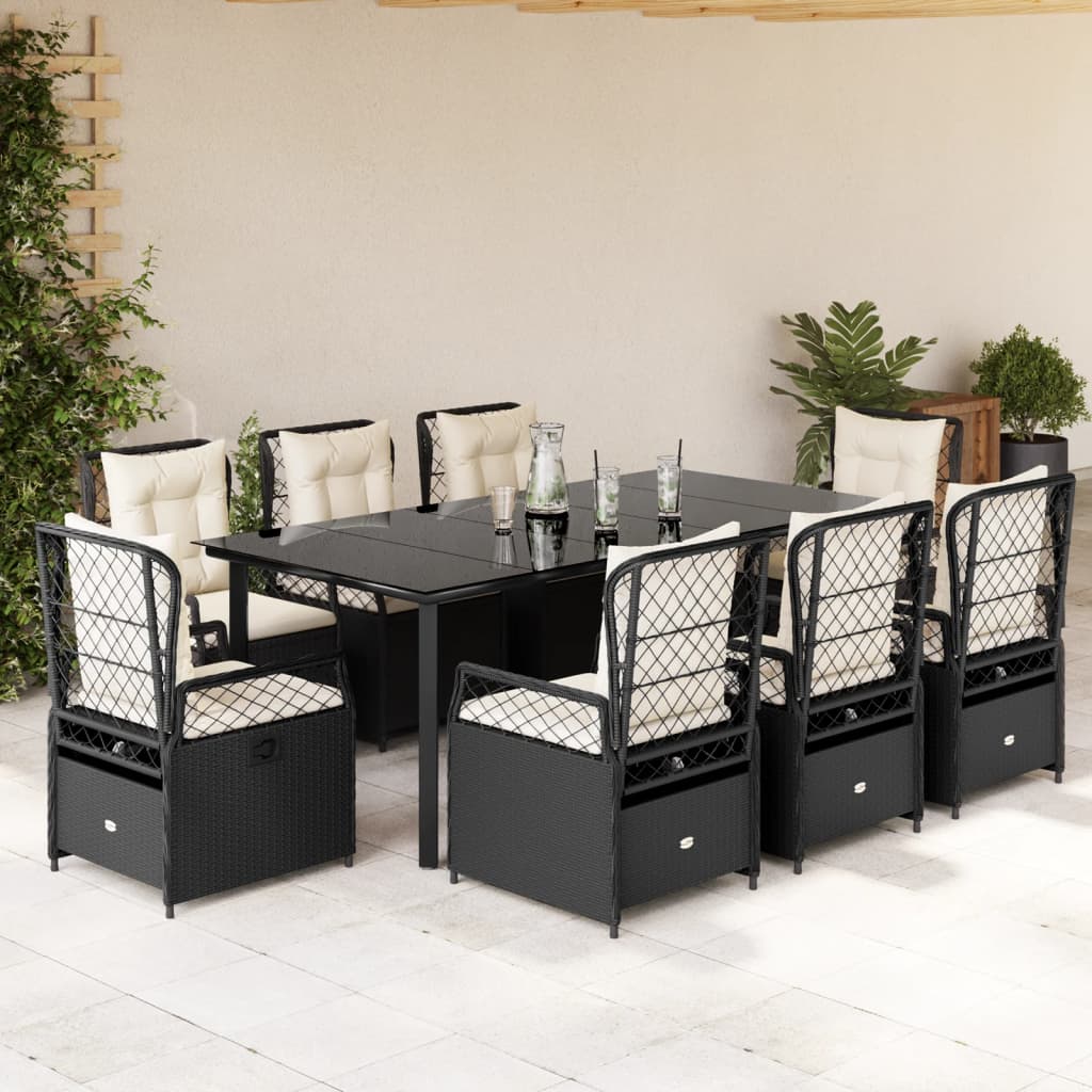 3-tlg. Garten-Essgruppe mit Kissen Schwarz Poly Rattan