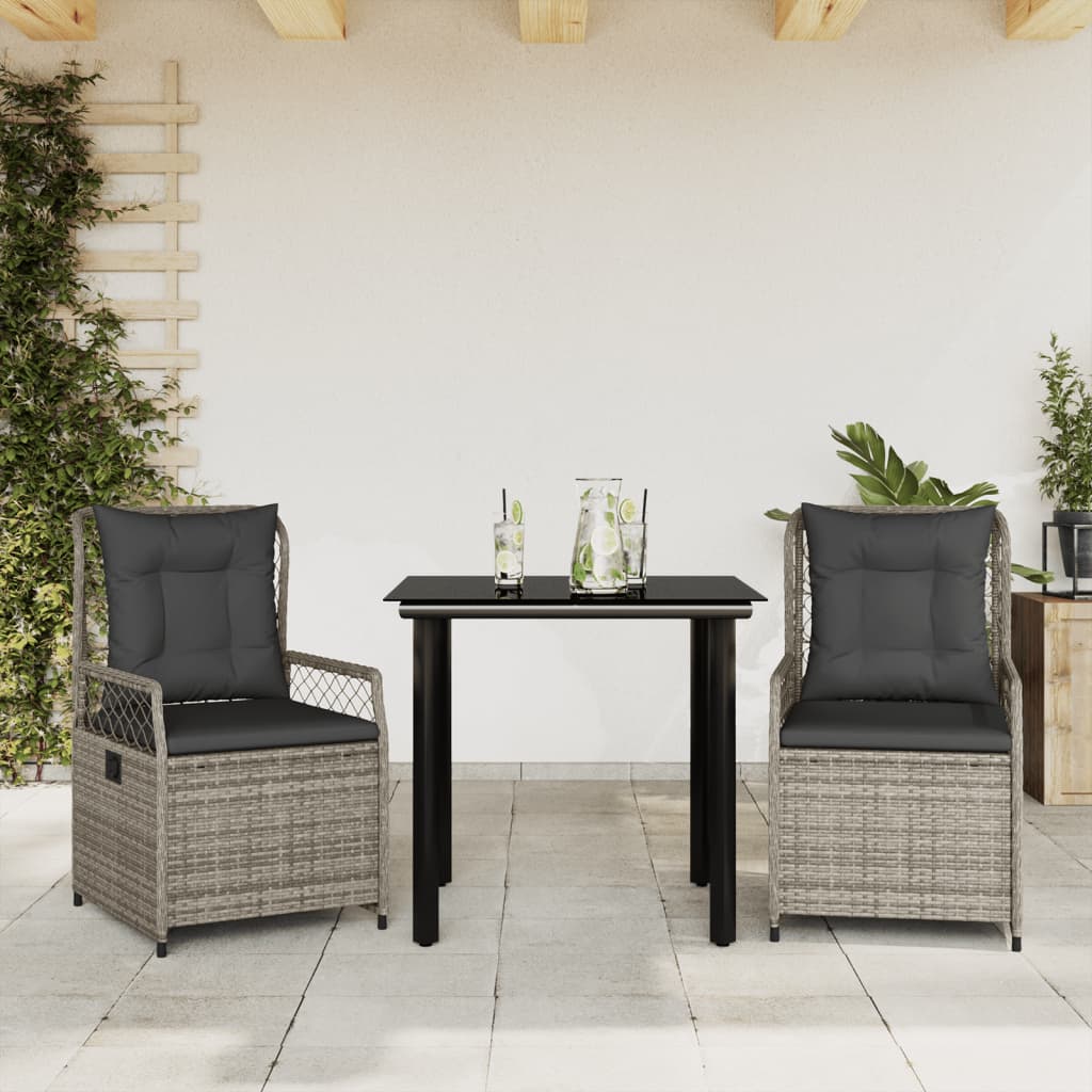 3-tlg. Garten-Essgruppe mit Kissen Schwarz Poly Rattan