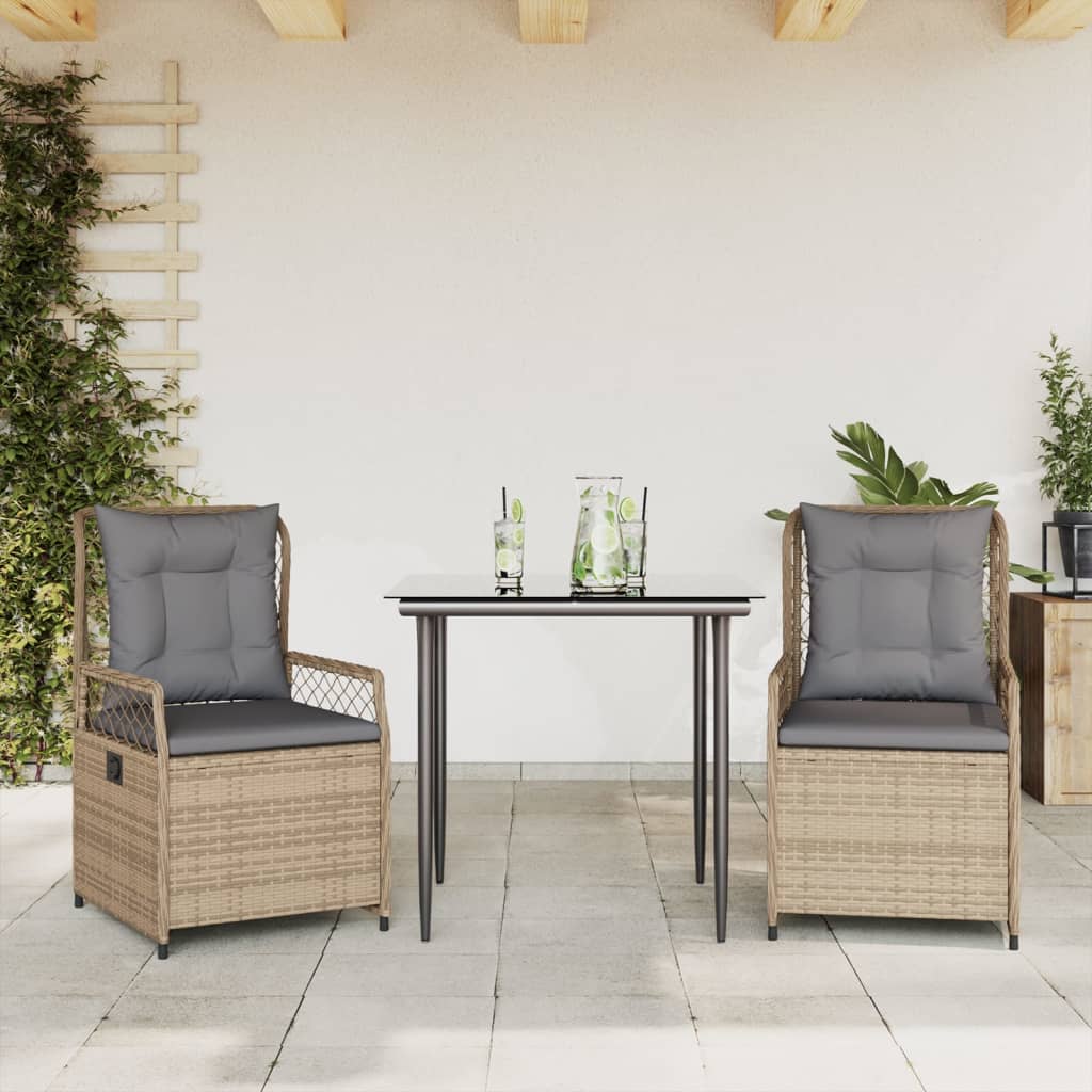 3-tlg. Garten-Essgruppe mit Kissen Schwarz Poly Rattan