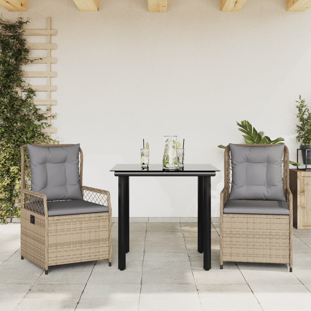 3-tlg. Garten-Essgruppe mit Kissen Schwarz Poly Rattan