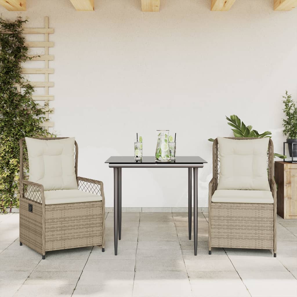 3-tlg. Garten-Essgruppe mit Kissen Schwarz Poly Rattan