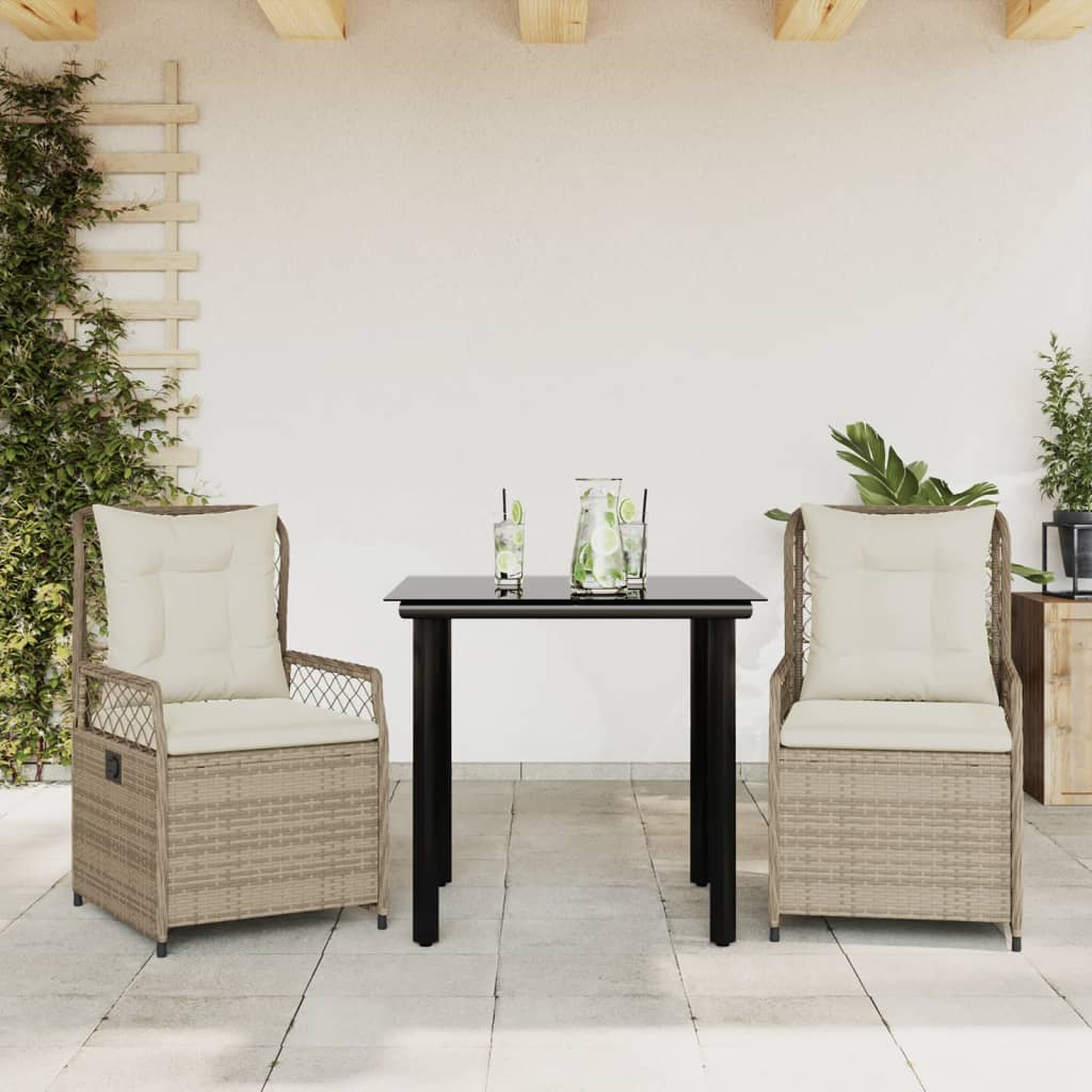 3-tlg. Garten-Essgruppe mit Kissen Schwarz Poly Rattan