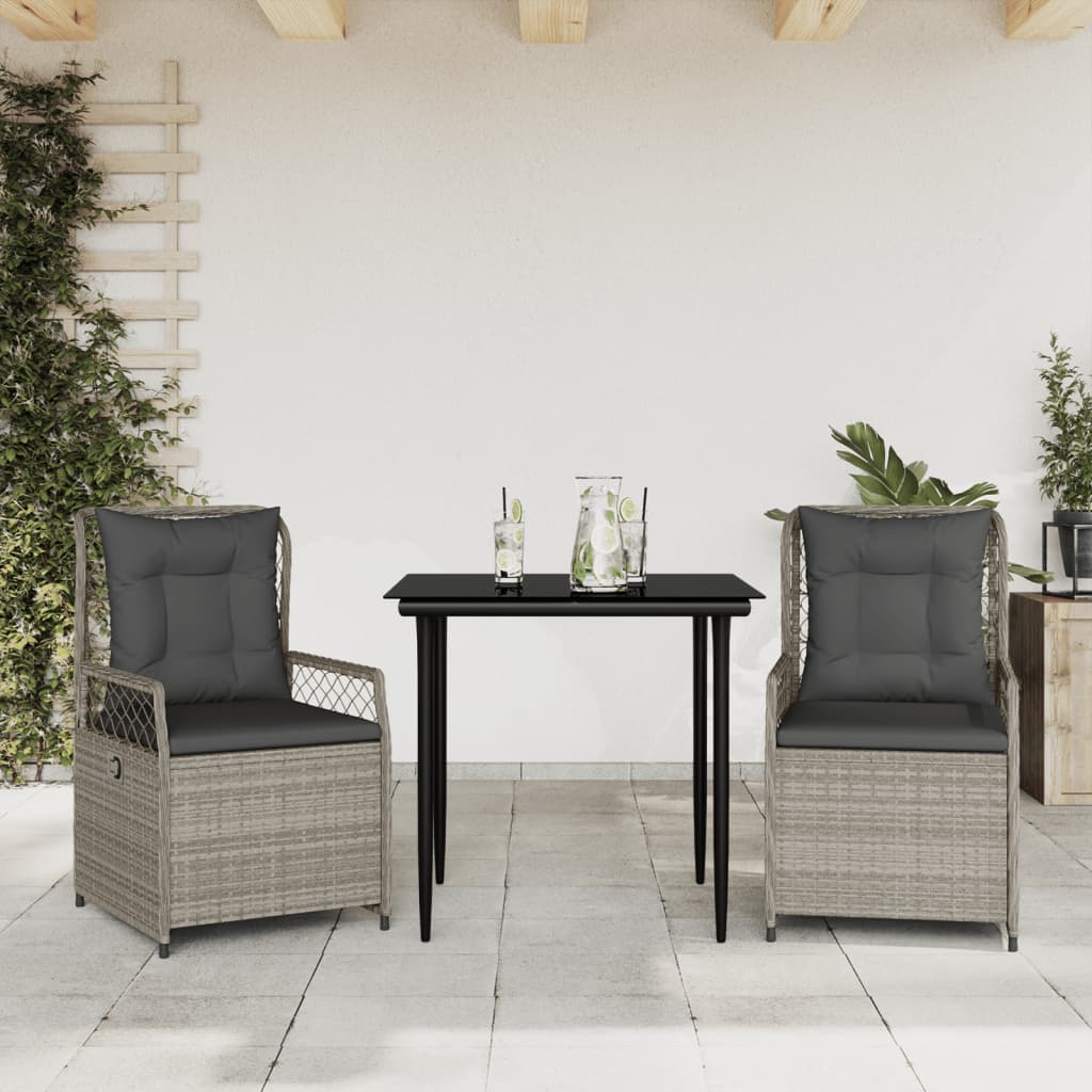 3-tlg. Garten-Essgruppe mit Kissen Schwarz Poly Rattan