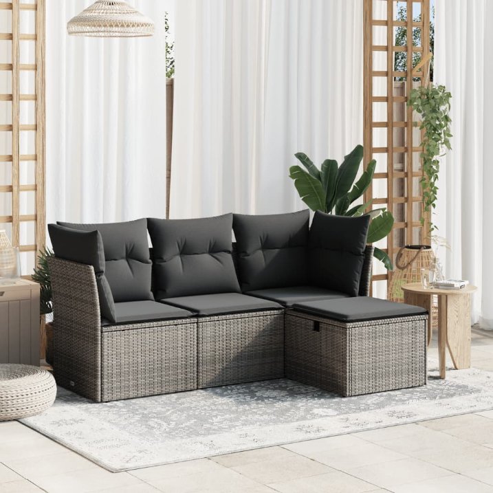 4-tlg. Garten-Sofagarnitur mit Kissen Schwarz Poly Rattan