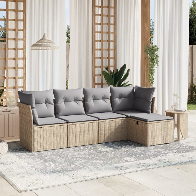 5-tlg. Garten-Sofagarnitur mit Kissen Schwarz Poly Rattan