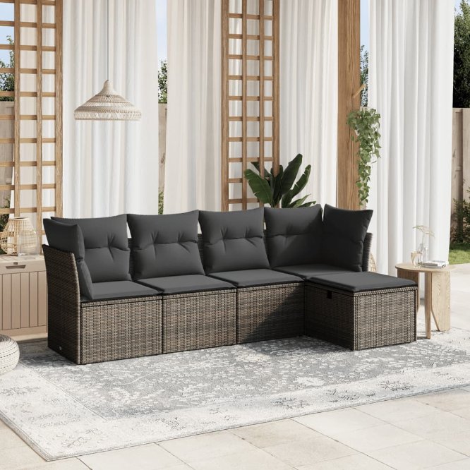 5-tlg. Garten-Sofagarnitur mit Kissen Schwarz Poly Rattan