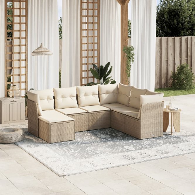 7-tlg. Garten-Sofagarnitur mit Kissen Schwarz Poly Rattan