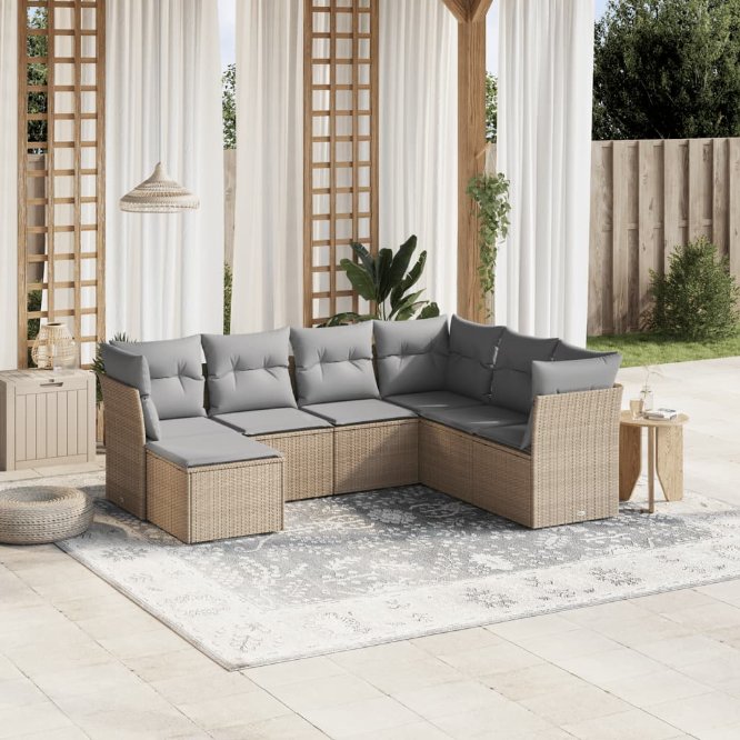 7-tlg. Garten-Sofagarnitur mit Kissen Schwarz Poly Rattan