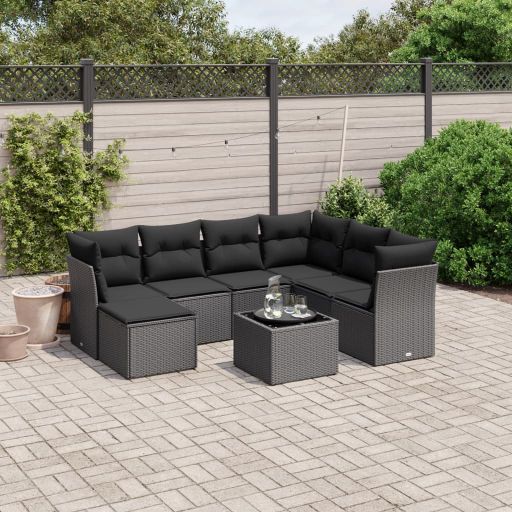 7-tlg. Garten-Sofagarnitur mit Kissen Schwarz Poly Rattan