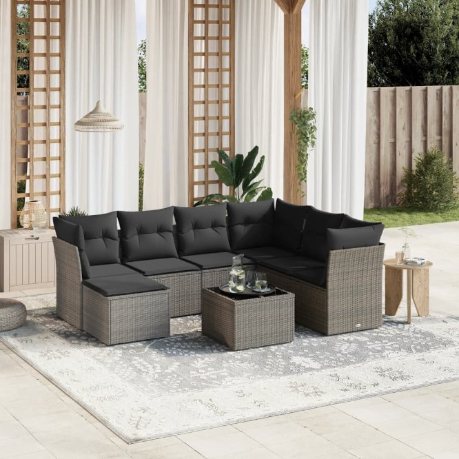 7-tlg. Garten-Sofagarnitur mit Kissen Schwarz Poly Rattan