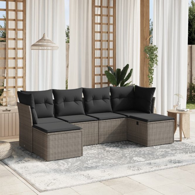 6-tlg. Garten-Sofagarnitur mit Kissen Schwarz Poly Rattan