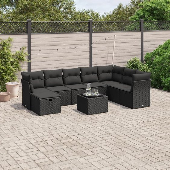 8-tlg. Garten-Sofagarnitur mit Kissen Schwarz Poly Rattan