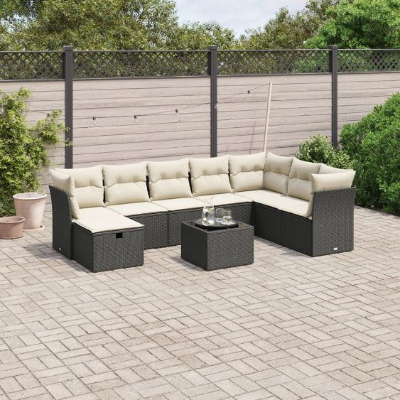 8-tlg. Garten-Sofagarnitur mit Kissen Schwarz Poly Rattan