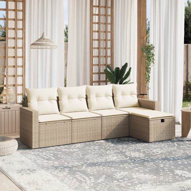 5-tlg. Garten-Sofagarnitur mit Kissen Schwarz Poly Rattan