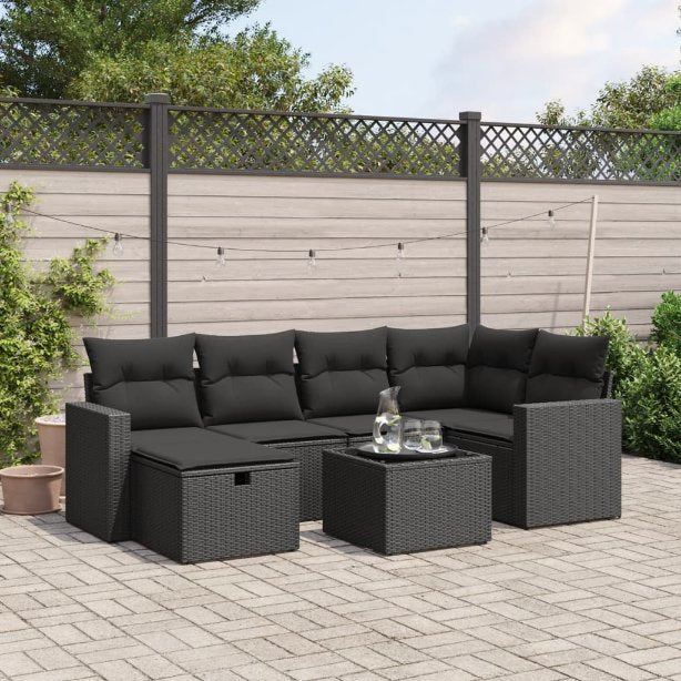 6-tlg. Garten-Sofagarnitur mit Kissen Schwarz Poly Rattan
