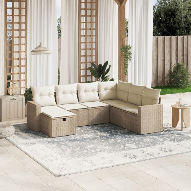 7-tlg. Garten-Sofagarnitur mit Kissen Schwarz Poly Rattan