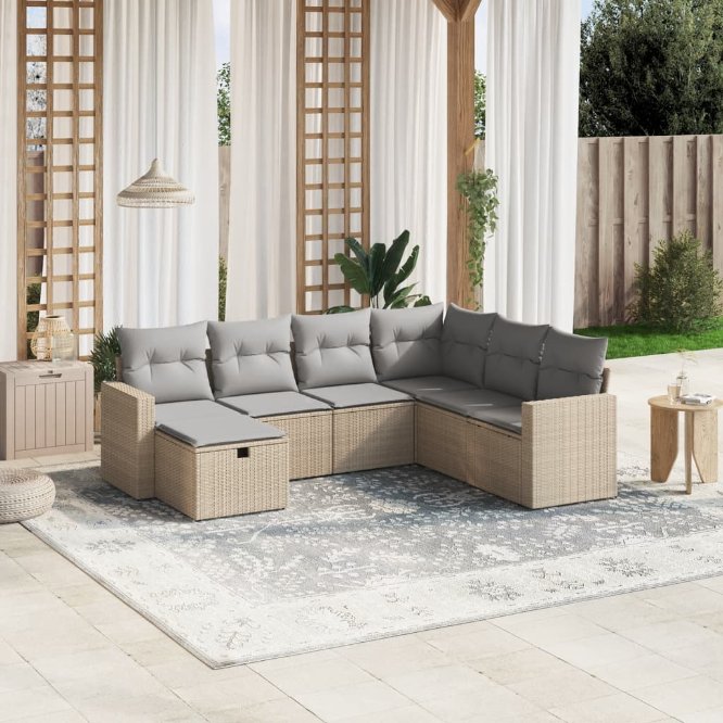 7-tlg. Garten-Sofagarnitur mit Kissen Schwarz Poly Rattan
