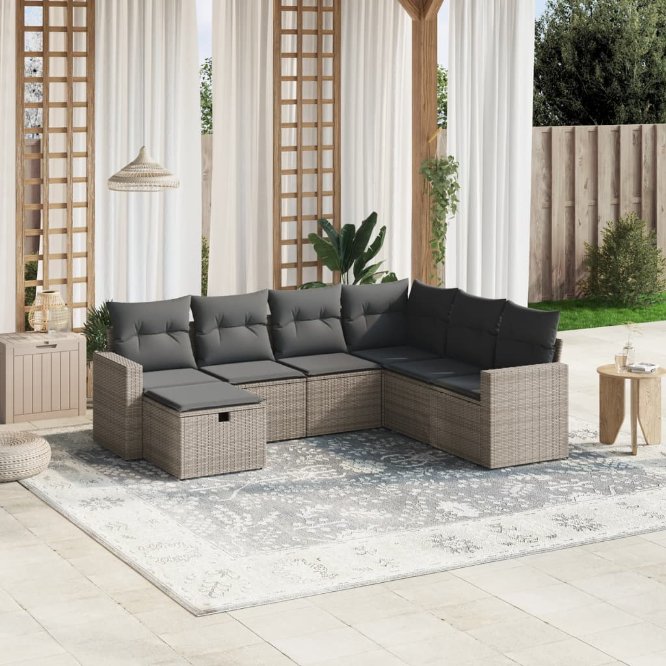 7-tlg. Garten-Sofagarnitur mit Kissen Schwarz Poly Rattan