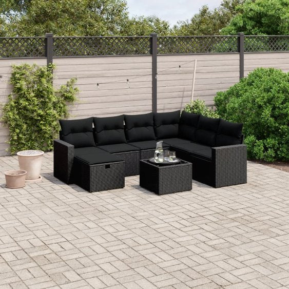 7-tlg. Garten-Sofagarnitur mit Kissen Schwarz Poly Rattan