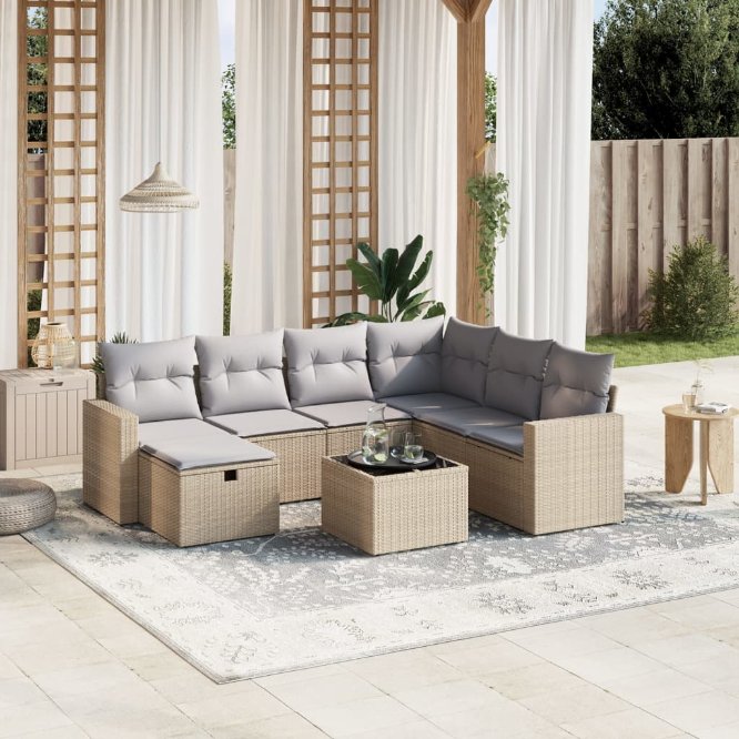 7-tlg. Garten-Sofagarnitur mit Kissen Schwarz Poly Rattan