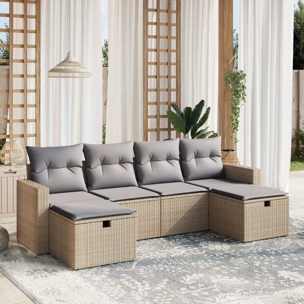 6-tlg. Garten-Sofagarnitur mit Kissen Schwarz Poly Rattan