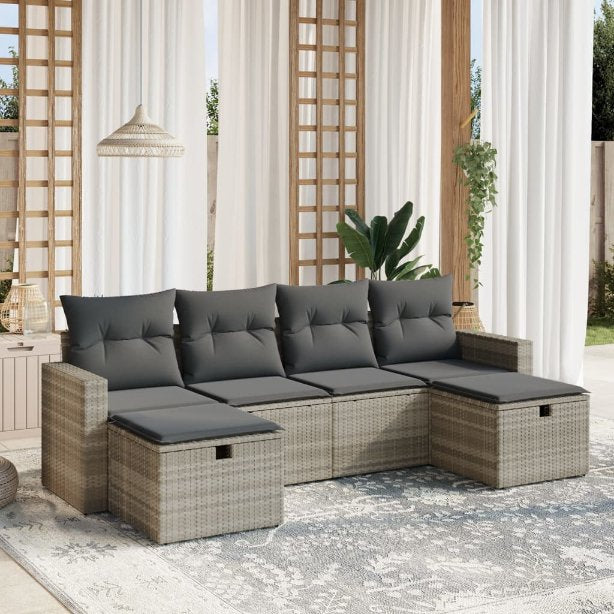 6-tlg. Garten-Sofagarnitur mit Kissen Schwarz Poly Rattan