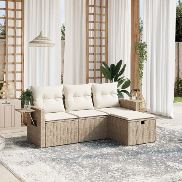 4-tlg. Garten-Sofagarnitur mit Kissen Schwarz Poly Rattan