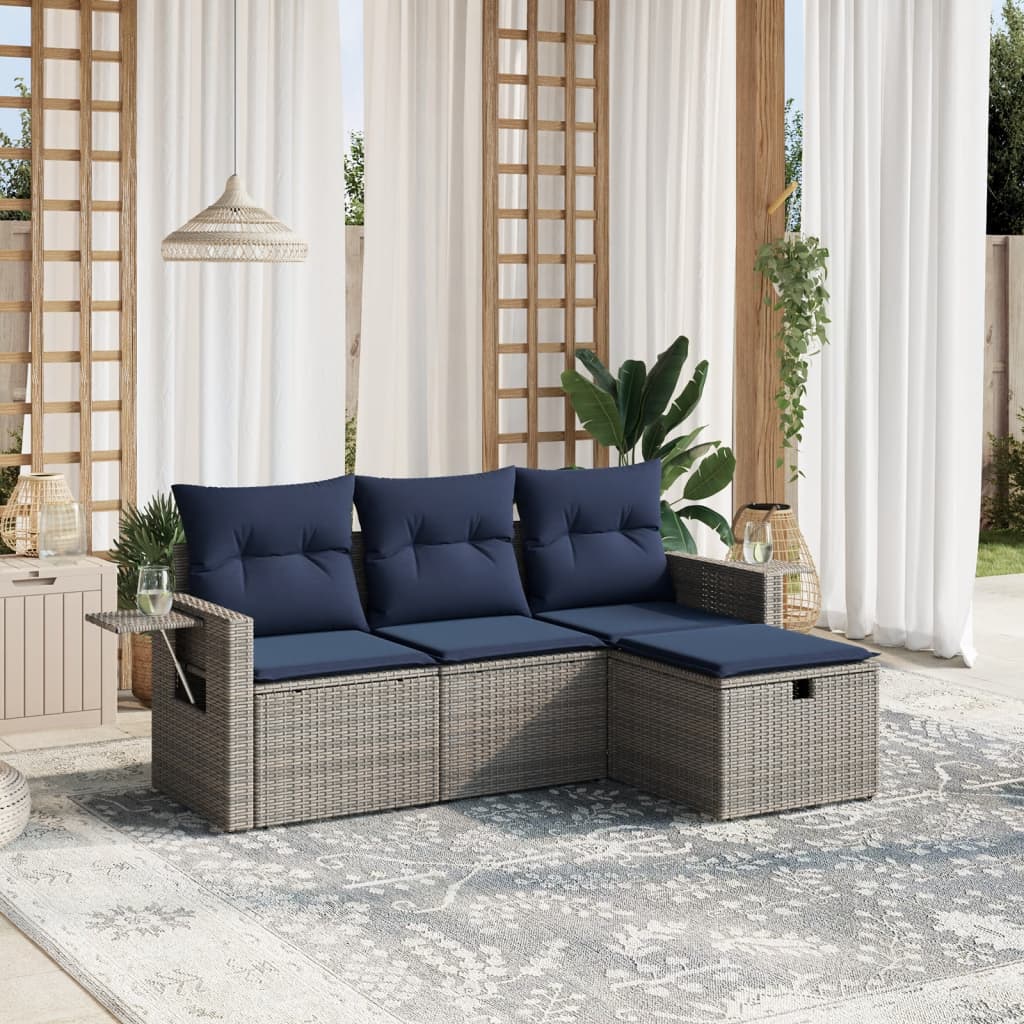 4-tlg. Garten-Sofagarnitur mit Kissen Grau Poly Rattan