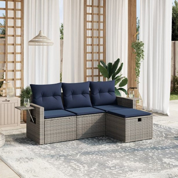 4-tlg. Garten-Sofagarnitur mit Kissen Grau Poly Rattan