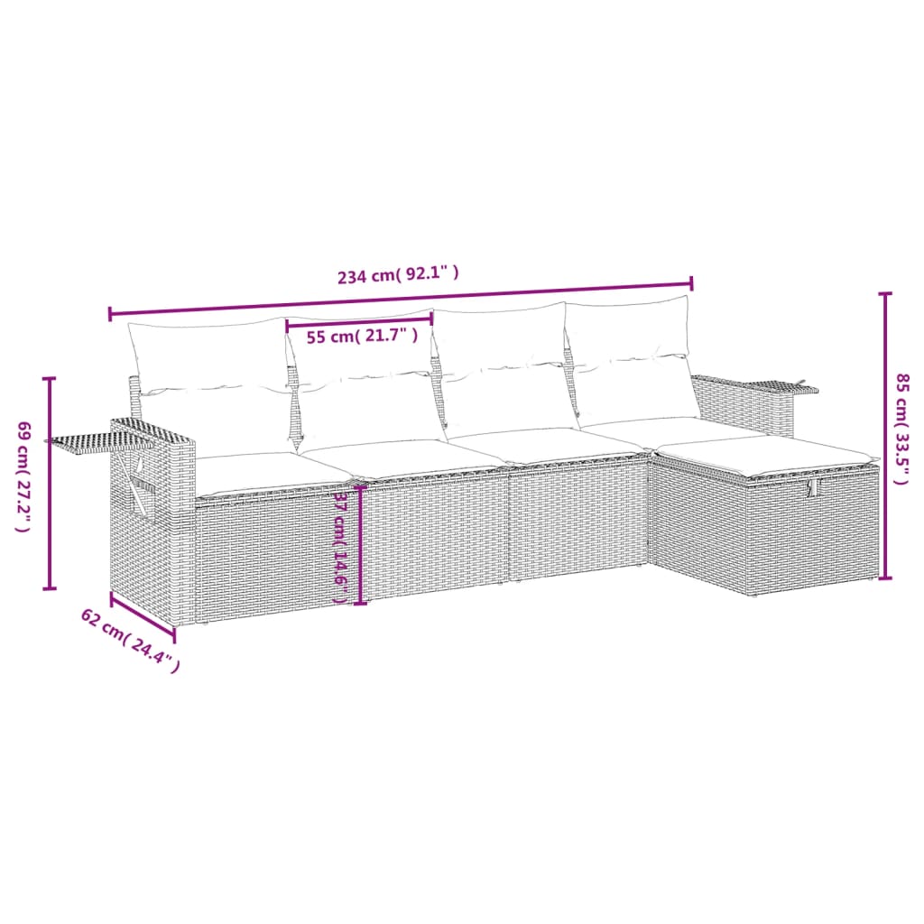 5-tlg. Garten-Sofagarnitur mit Kissen Schwarz Poly Rattan