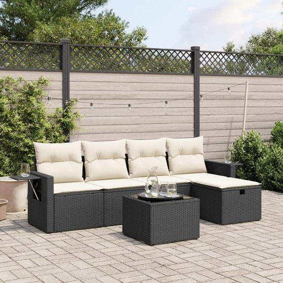5-tlg. Garten-Sofagarnitur mit Kissen Schwarz Poly Rattan