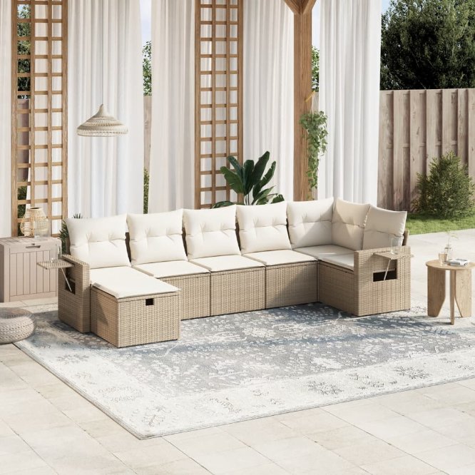 7-tlg. Garten-Sofagarnitur mit Kissen Schwarz Poly Rattan