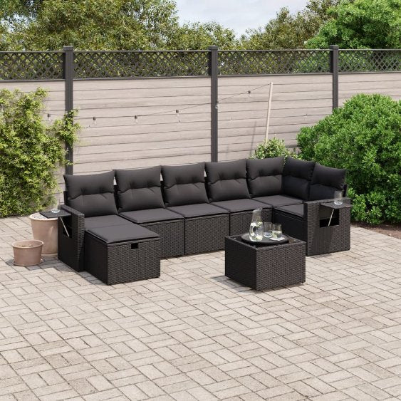7-tlg. Garten-Sofagarnitur mit Kissen Schwarz Poly Rattan