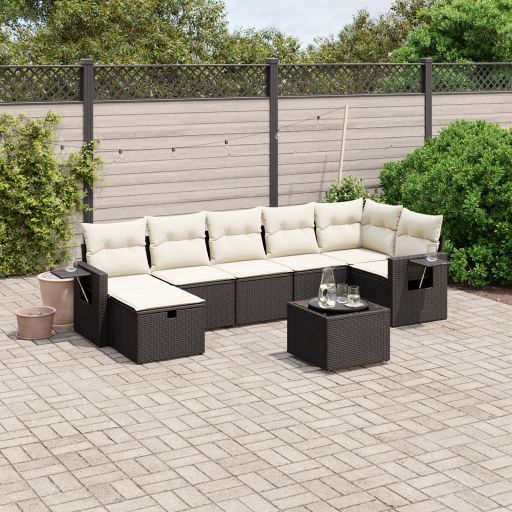 7-tlg. Garten-Sofagarnitur mit Kissen Schwarz Poly Rattan