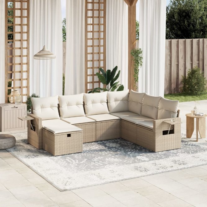 7-tlg. Garten-Sofagarnitur mit Kissen Schwarz Poly Rattan