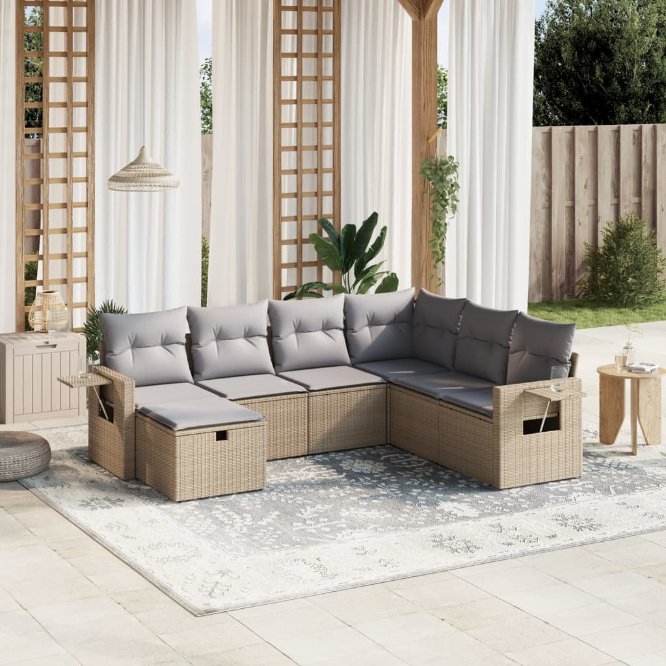 7-tlg. Garten-Sofagarnitur mit Kissen Schwarz Poly Rattan