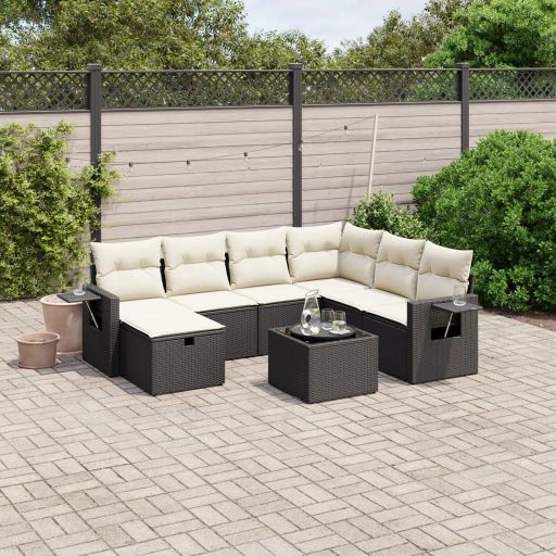 7-tlg. Garten-Sofagarnitur mit Kissen Schwarz Poly Rattan